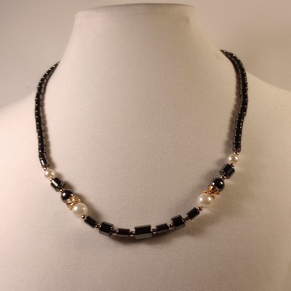 Hematite 18" necklace charcoal grey, gold tone beads and faux pearls